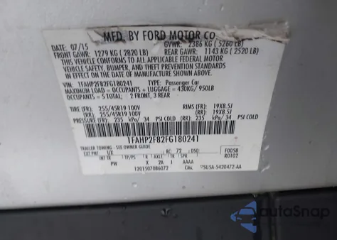 2015 Ford Taurus Limited z USA, uszkodzony, nr VIN 1FAHP2F82FG180241